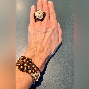 Hand crafted, macramé and stone vintage ring, and bracelet